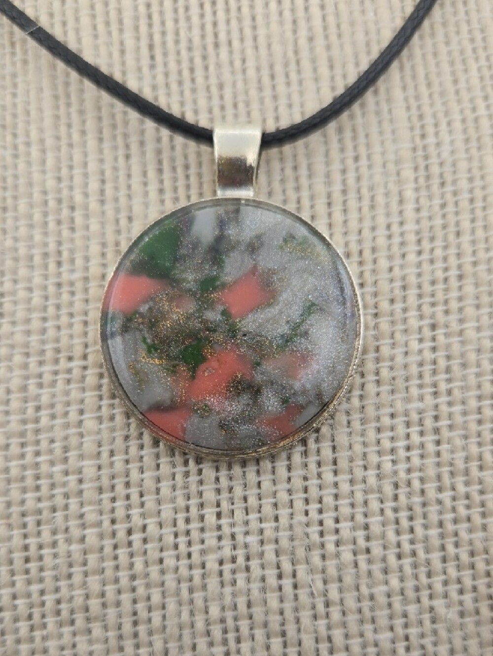 #297- Round Red and Green Clay Pendant Necklace on Black Cord - Picture 2 of 2